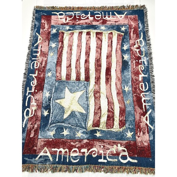 VTG Tapestry American Flag throw Lap Blanket Patriotic Fringed 70in x 50in - Picture 3 of 12